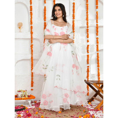 Bannhi by Priyanka Rathore Samvit White Hand painted Floor Length Anarkali (Set of 2)