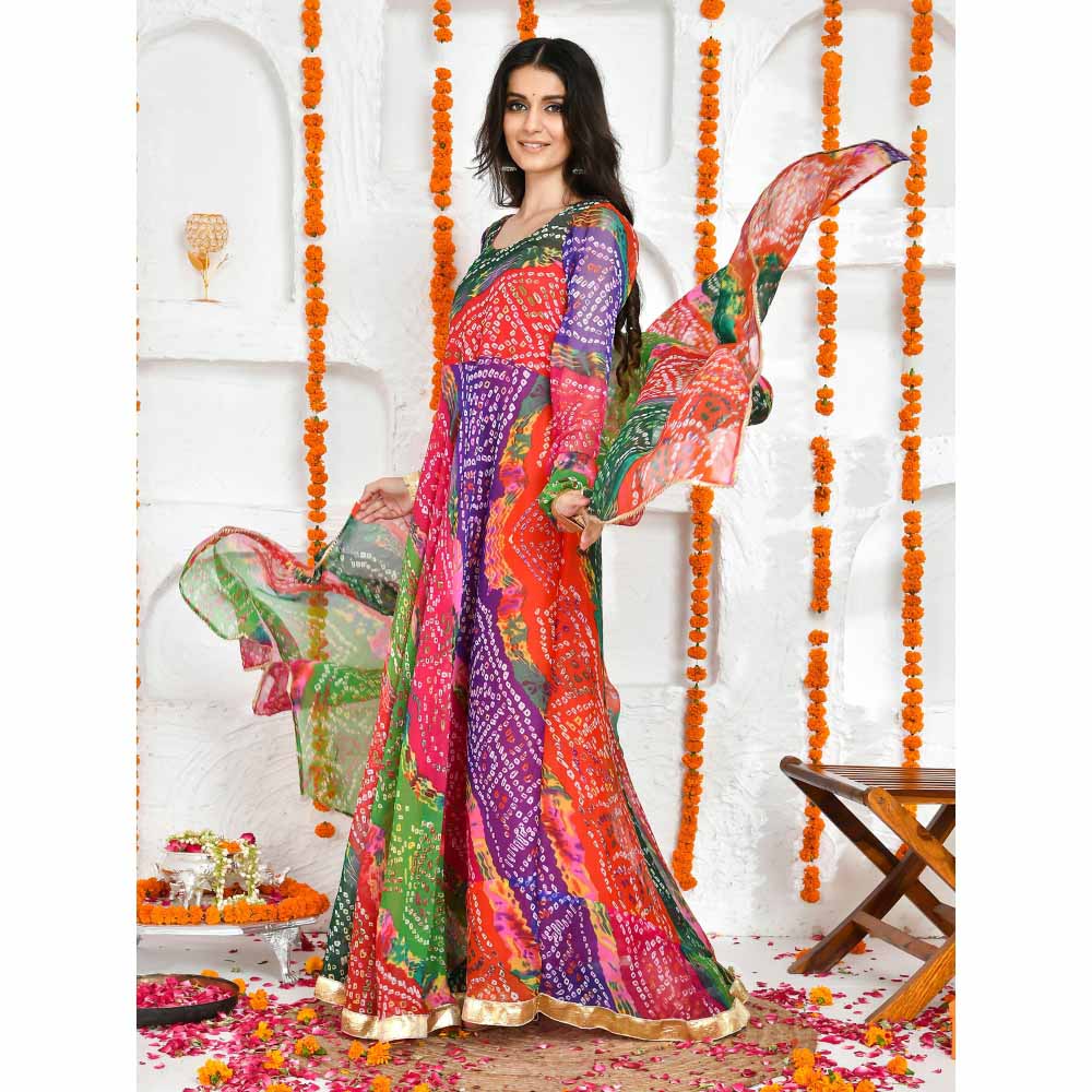 Bannhi by Priyanka Rathore Panchrangi Multi-Color Floor Length Anarkali (Set of 2)