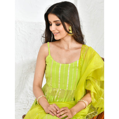 Bannhi by Priyanka Rathore Jaya Green Solid Zari Kurta (Set of 3)