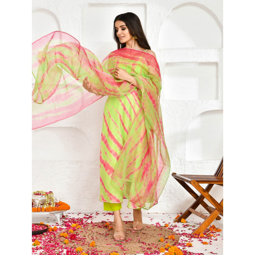 Bannhi by Priyanka Rathore Yadavi Shibori Green Chanderi Anarkali (Set of 3)