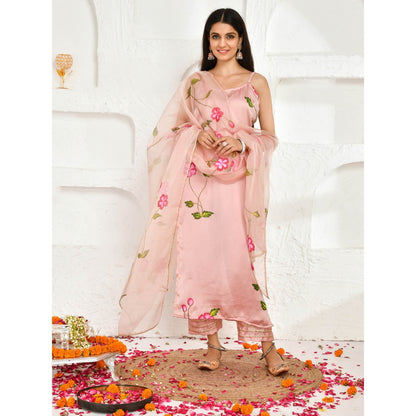 Bannhi by Priyanka Rathore Aparna Satin Pink Hand Painted Printed Kurta (Set of 3)
