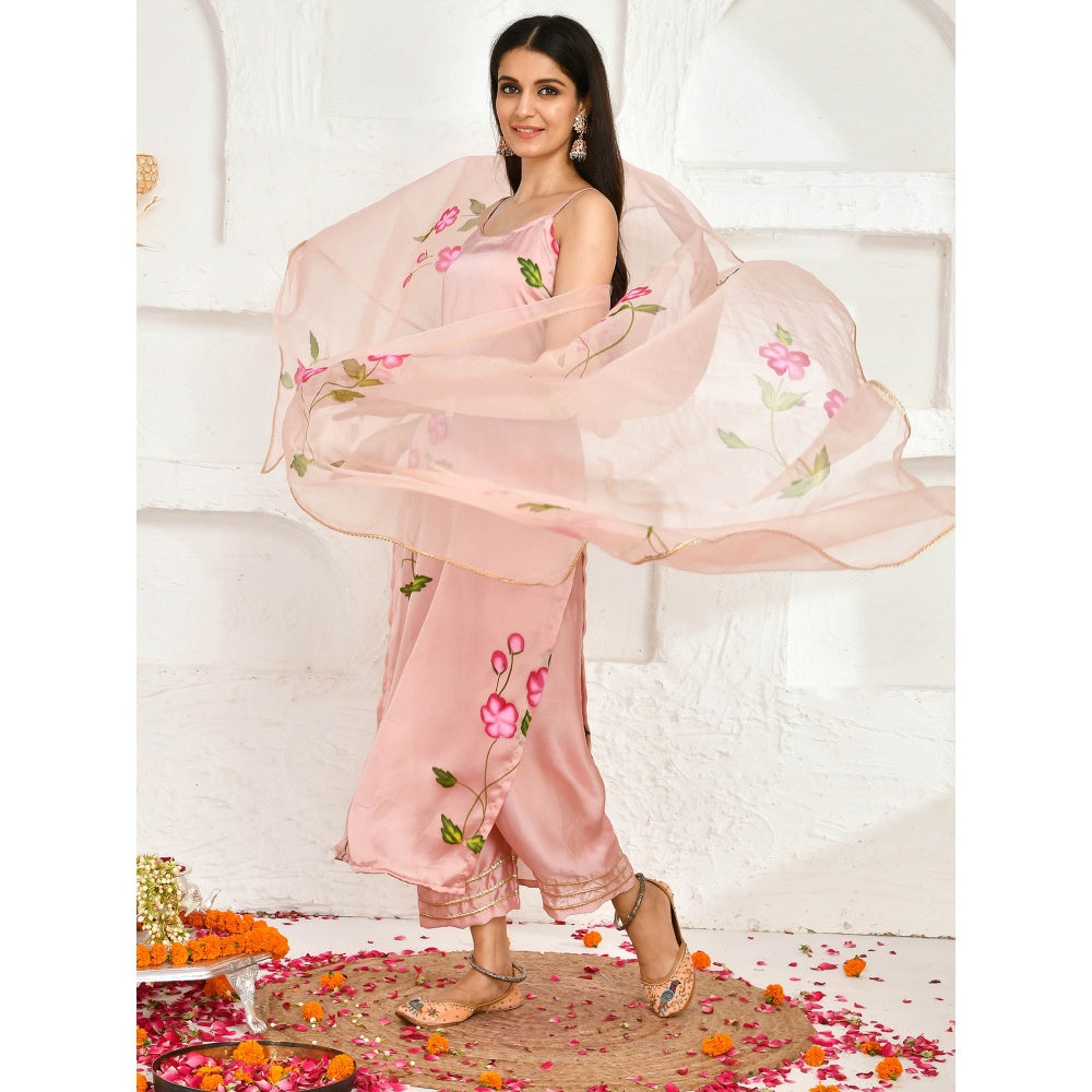 Bannhi by Priyanka Rathore Aparna Satin Pink Hand Painted Printed Kurta (Set of 3)