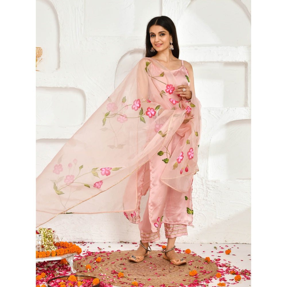 Bannhi by Priyanka Rathore Aparna Satin Pink Hand Painted Printed Kurta (Set of 3)