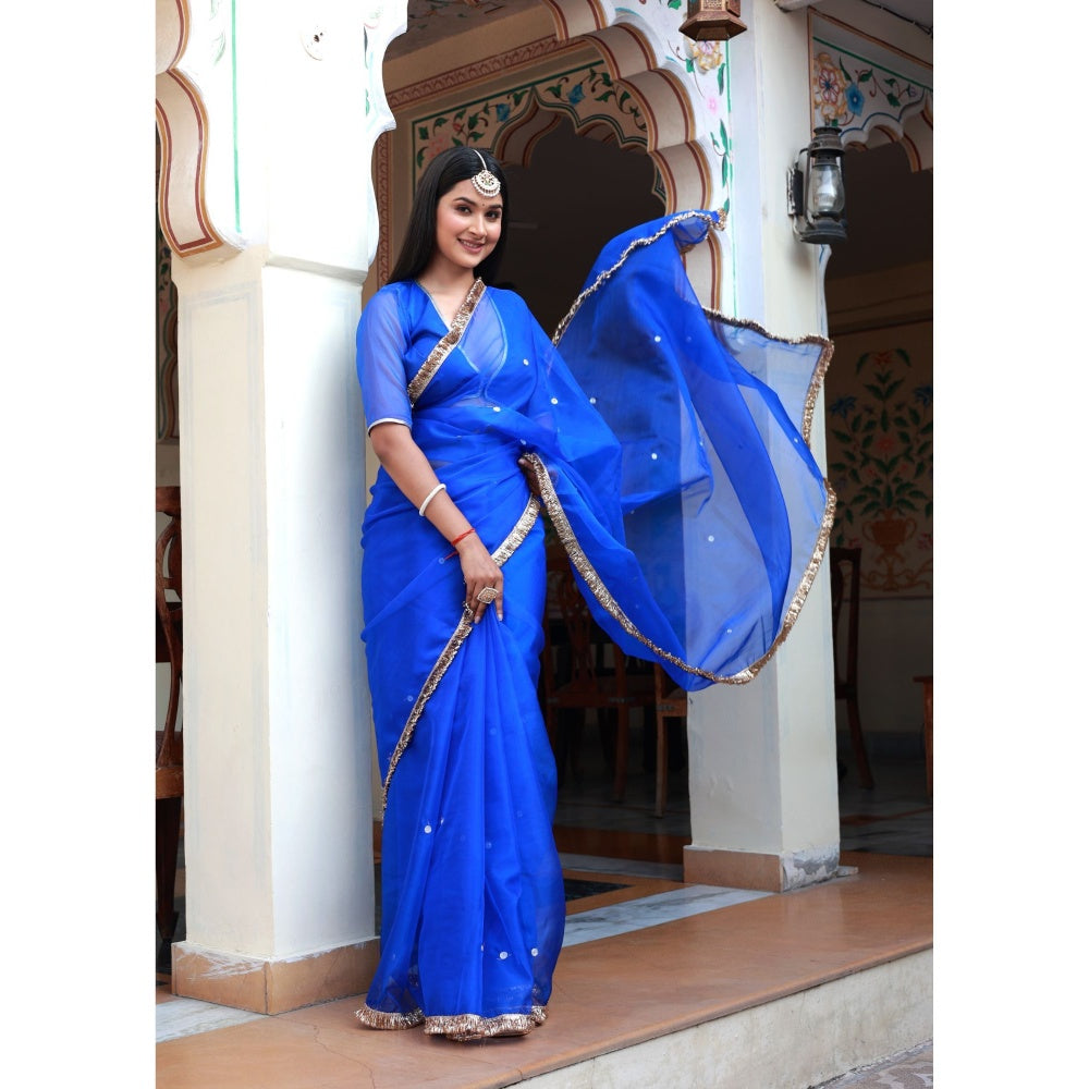 Bannhi by Priyanka Rathore Ishq Blue Organza Saree with Stitched Blouse