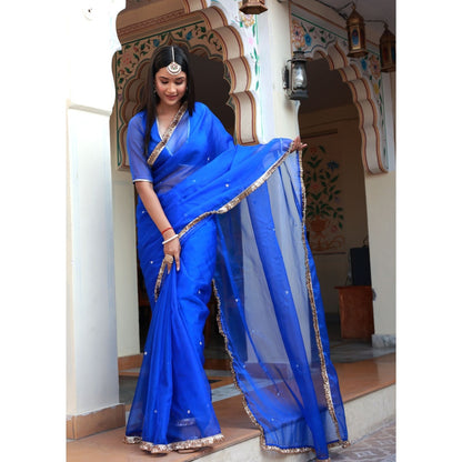 Bannhi by Priyanka Rathore Ishq Blue Organza Saree with Stitched Blouse
