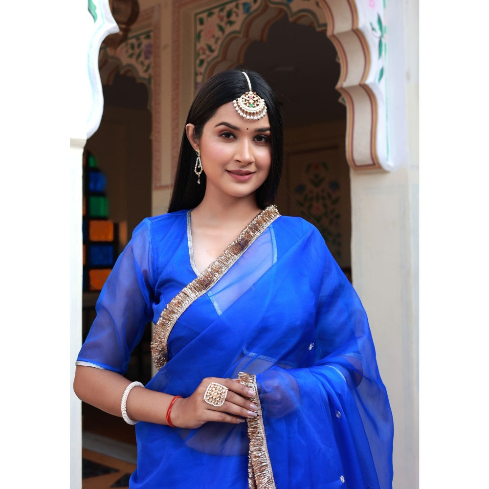 Bannhi by Priyanka Rathore Ishq Blue Organza Saree with Stitched Blouse