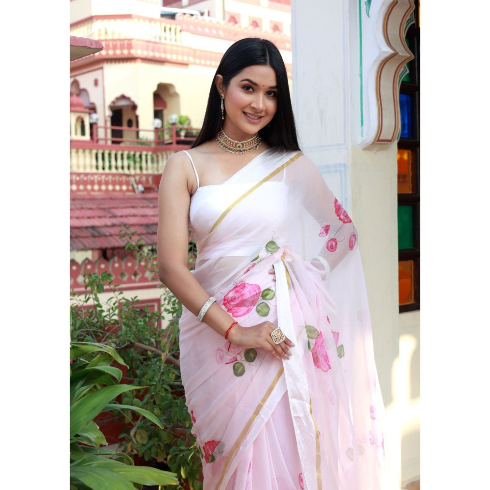 Bannhi by Priyanka Rathore Ayat Pink Hand Painted Saree without Blouse