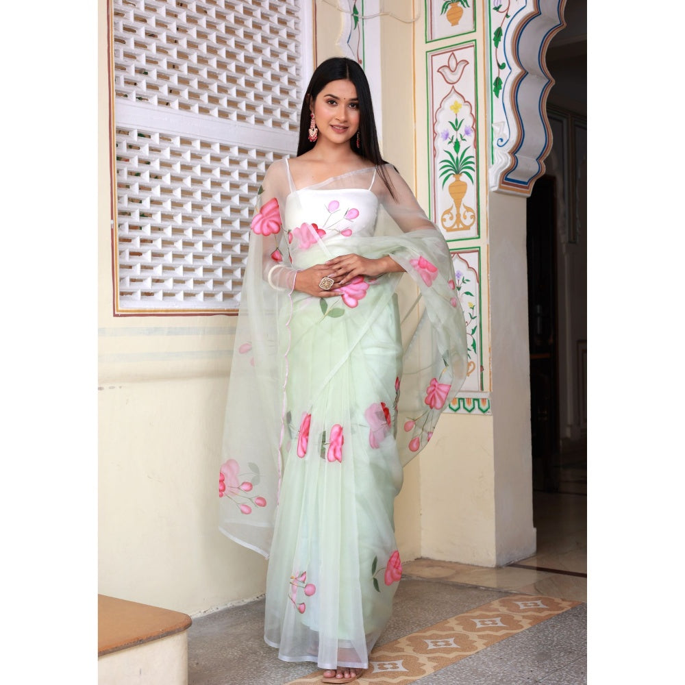 Bannhi by Priyanka Rathore Pushti Hand Painted Organza Saree without Blouse