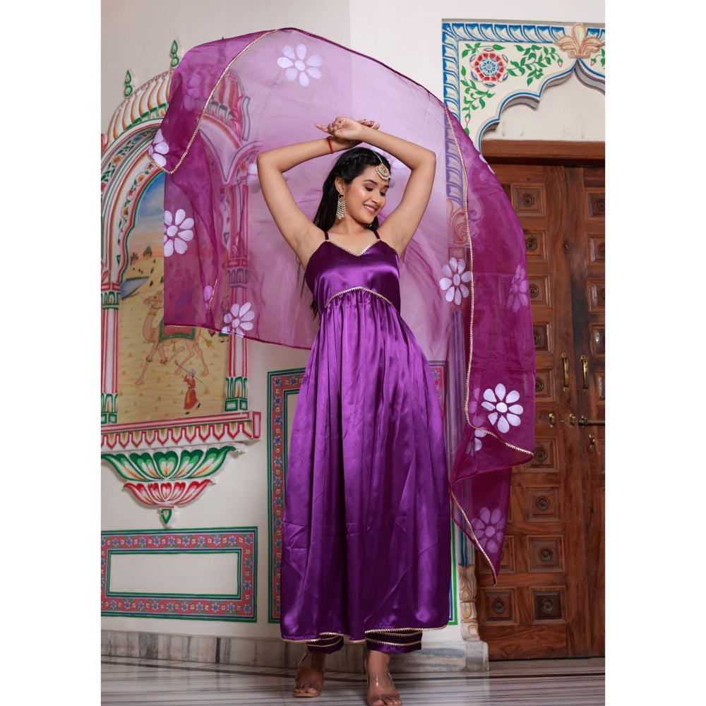 Bannhi by Priyanka Rathore Revati Satin Hand Painted Suit (Set of 3)