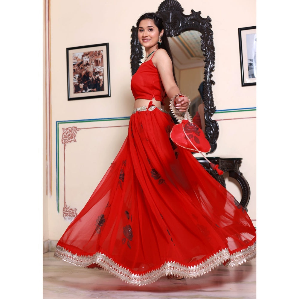 Bannhi by Priyanka Rathore Gayatri Red Hand Painted Lehenga (Set of 4)