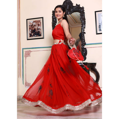 Bannhi by Priyanka Rathore Gayatri Red Hand Painted Lehenga (Set of 4)