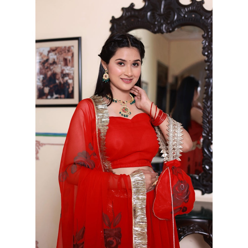 Bannhi by Priyanka Rathore Gayatri Red Hand Painted Lehenga (Set of 4)