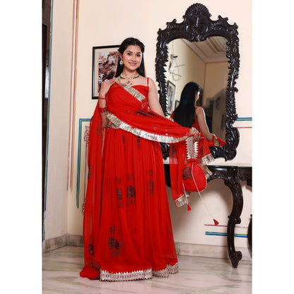 Bannhi by Priyanka Rathore Gayatri Red Hand Painted Lehenga (Set of 4)