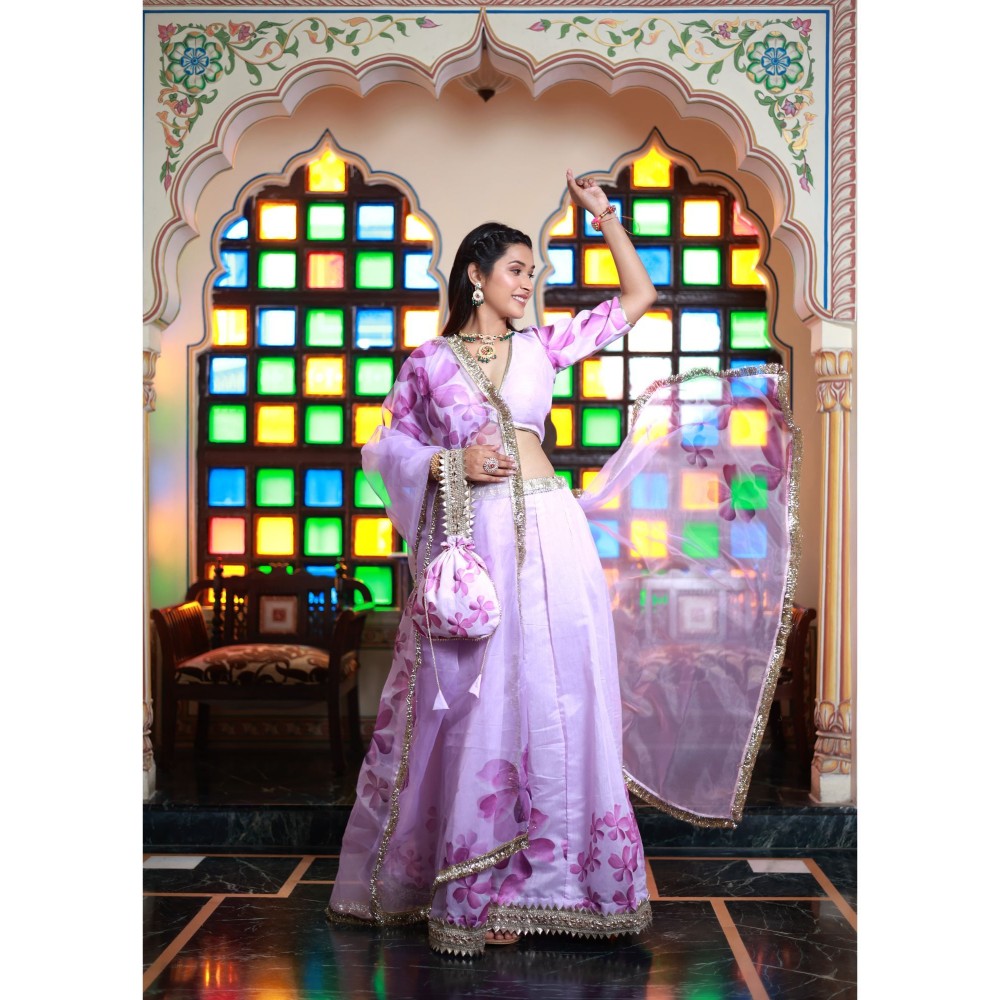 Bannhi by Priyanka Rathore Shubha Printed Chanderi Lehenga (Set of 4)