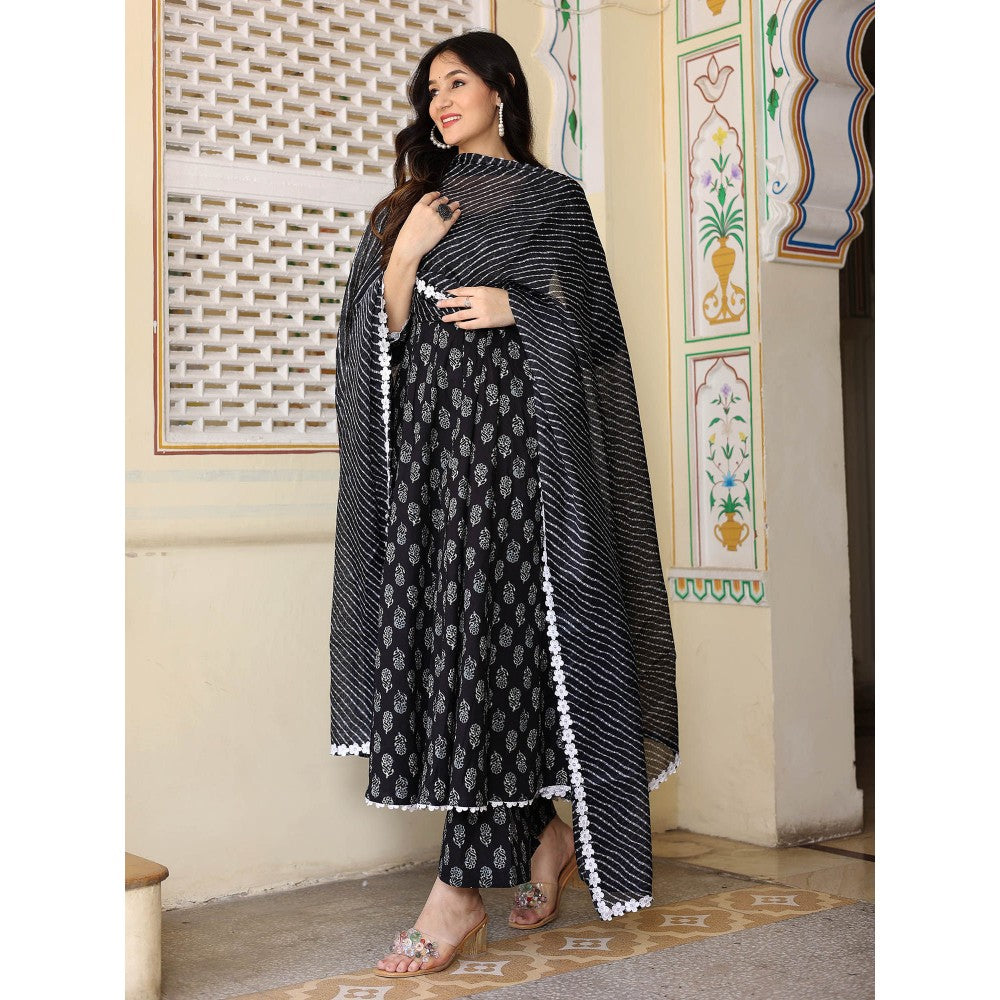 Bannhi by Priyanka Rathore Black Hand Block Anarkali With Pant And Dupatta (Set of 3)