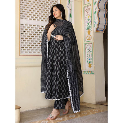 Bannhi by Priyanka Rathore Black Hand Block Anarkali With Pant And Dupatta (Set of 3)