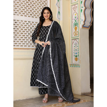 Bannhi by Priyanka Rathore Black Hand Block Anarkali With Pant And Dupatta (Set of 3)