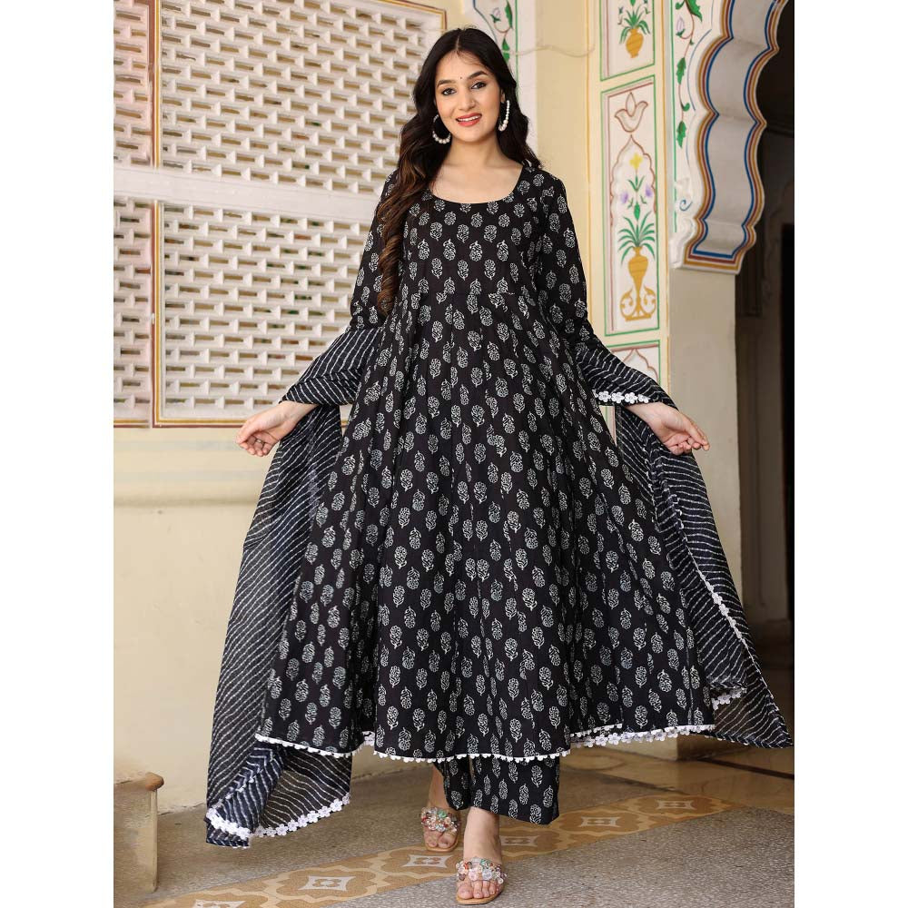 Bannhi by Priyanka Rathore Black Hand Block Anarkali With Pant And Dupatta (Set of 3)
