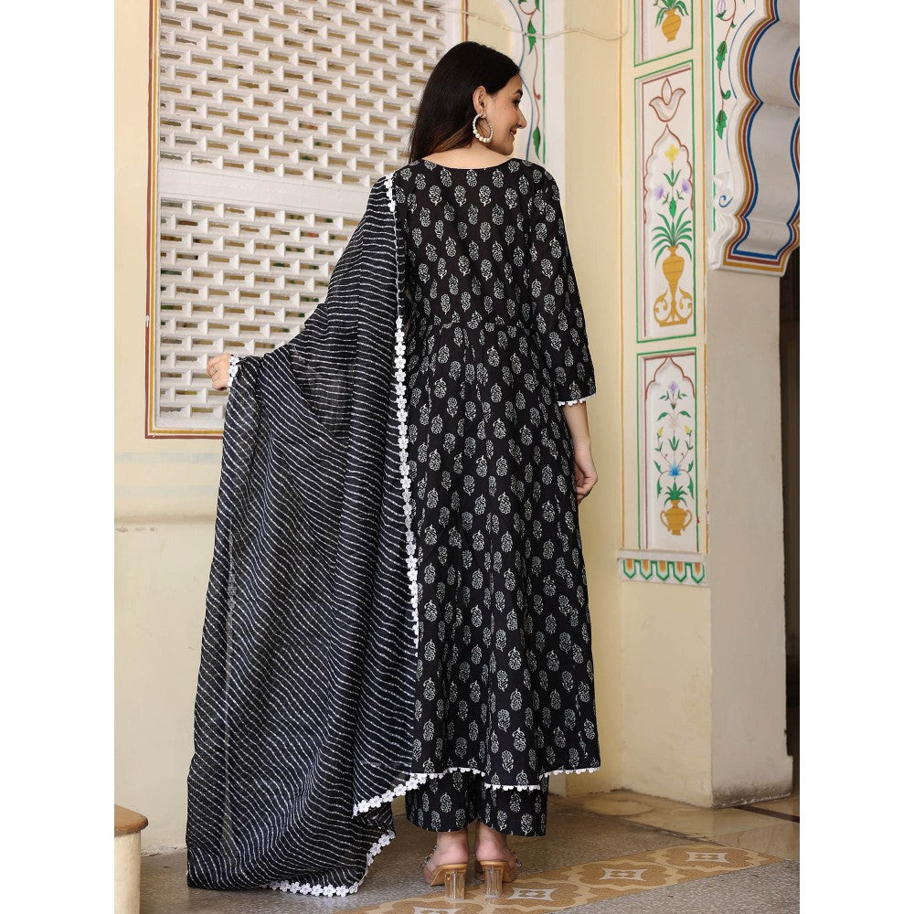 Bannhi by Priyanka Rathore Black Hand Block Anarkali With Pant And Dupatta (Set of 3)