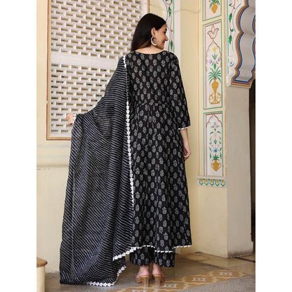 Bannhi by Priyanka Rathore Black Hand Block Anarkali With Pant And Dupatta (Set of 3)