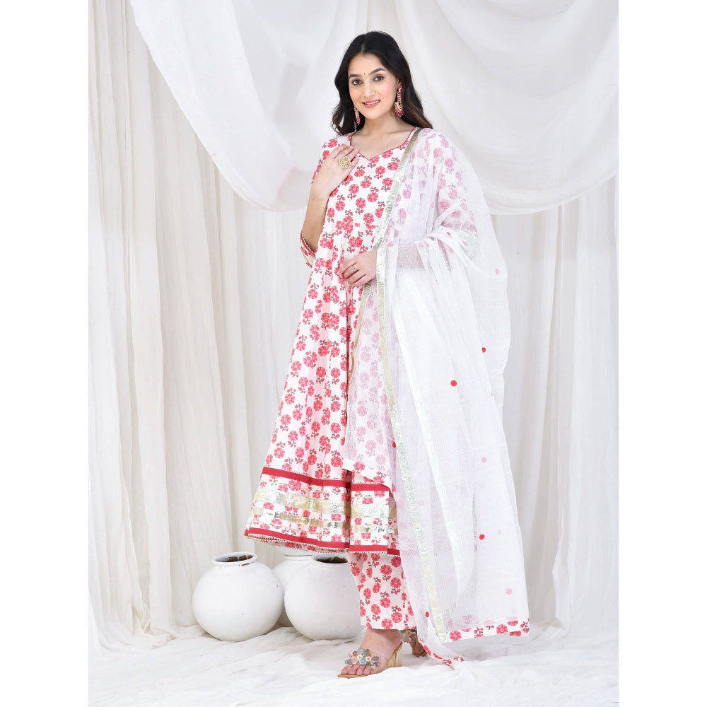 Bannhi by Priyanka Rathore White Mehai Cotton Anarkali With Pant And Dupatta (Set of 3)