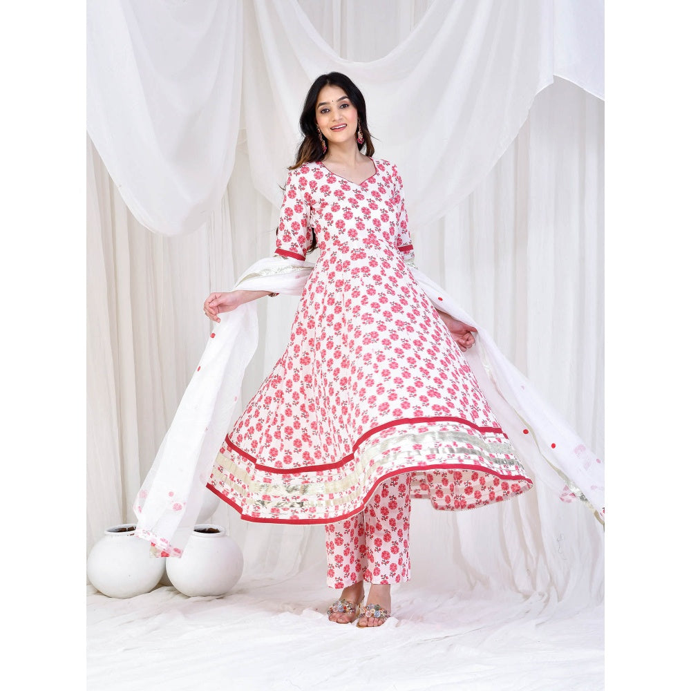 Bannhi by Priyanka Rathore White Mehai Cotton Anarkali With Pant And Dupatta (Set of 3)
