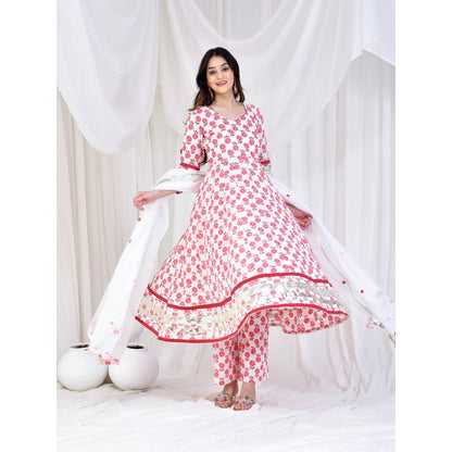 Bannhi by Priyanka Rathore White Mehai Cotton Anarkali With Pant And Dupatta (Set of 3)