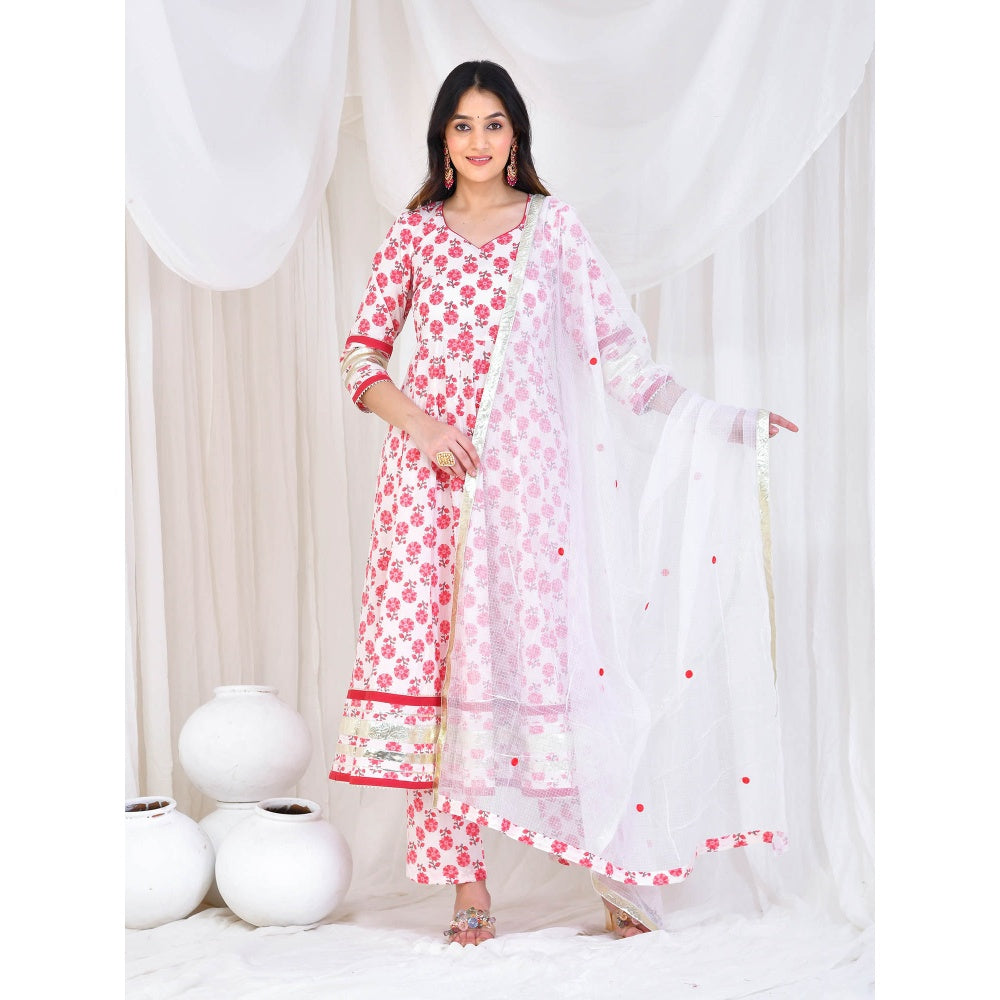 Bannhi by Priyanka Rathore White Mehai Cotton Anarkali With Pant And Dupatta (Set of 3)