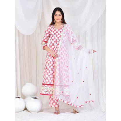 Bannhi by Priyanka Rathore White Mehai Cotton Anarkali With Pant And Dupatta (Set of 3)