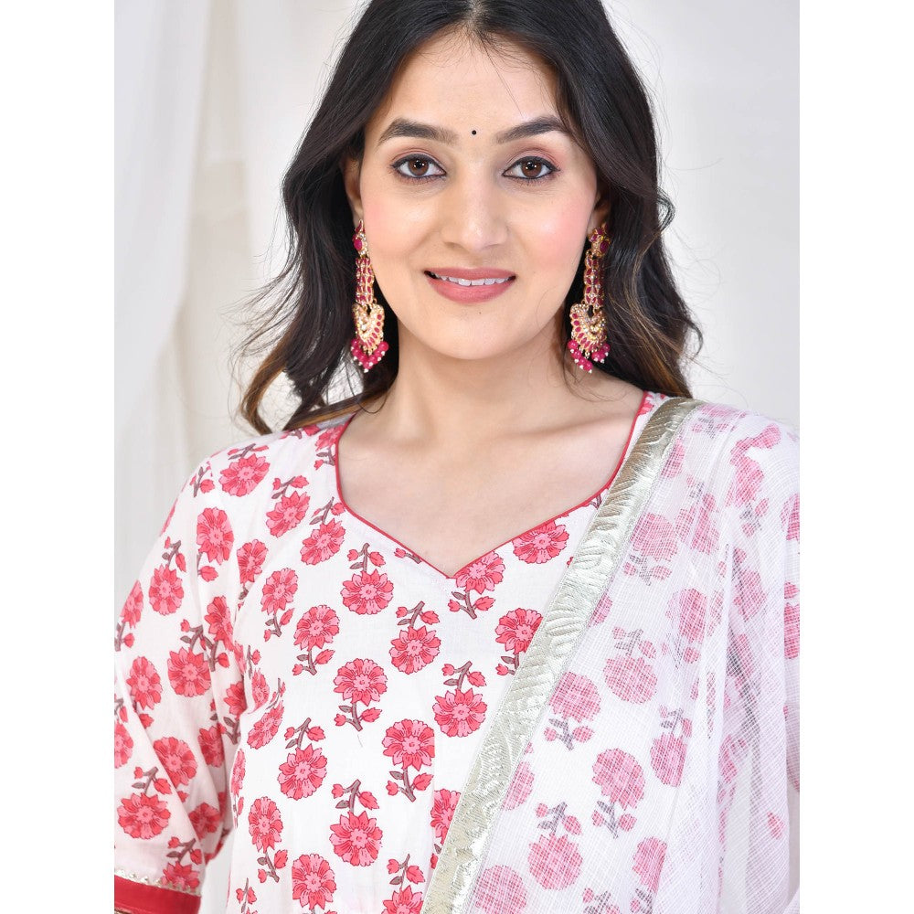 Bannhi by Priyanka Rathore White Mehai Cotton Anarkali With Pant And Dupatta (Set of 3)