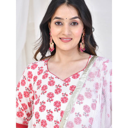 Bannhi by Priyanka Rathore White Mehai Cotton Anarkali With Pant And Dupatta (Set of 3)