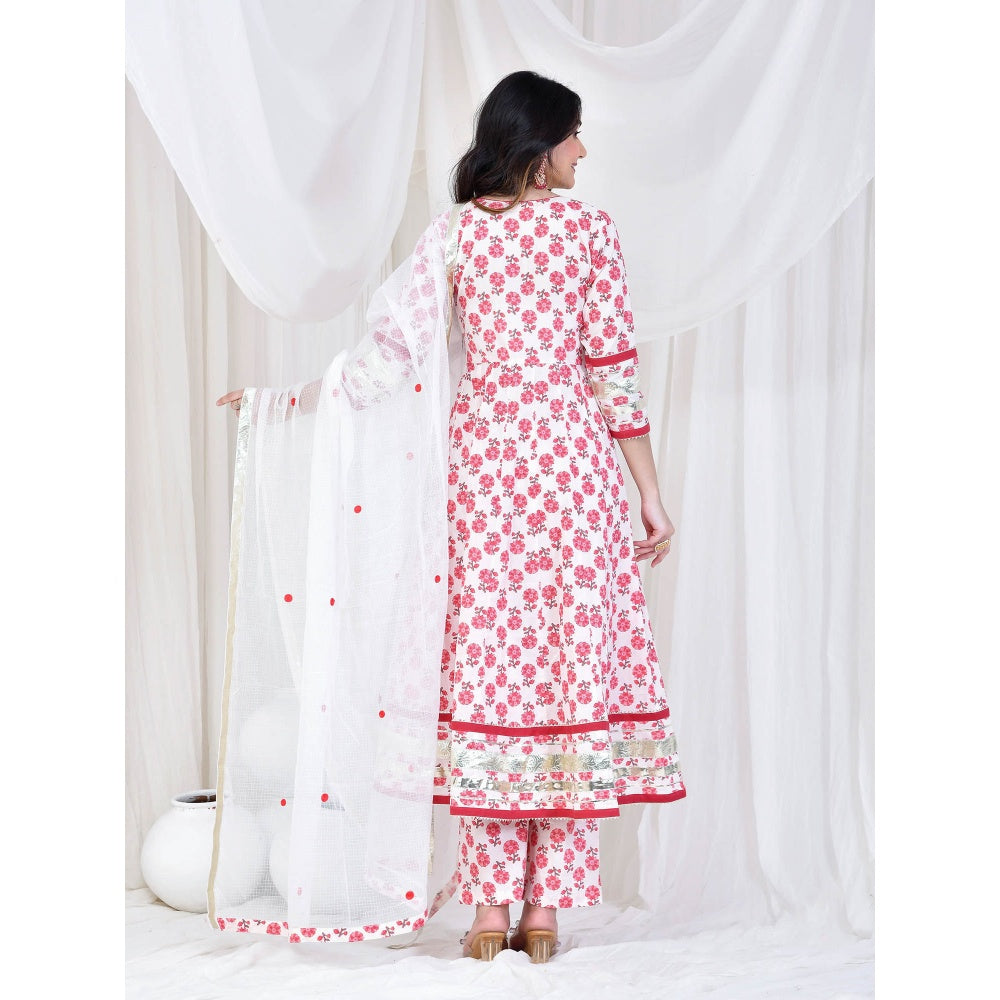 Bannhi by Priyanka Rathore White Mehai Cotton Anarkali With Pant And Dupatta (Set of 3)
