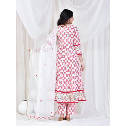 Bannhi by Priyanka Rathore White Mehai Cotton Anarkali With Pant And Dupatta (Set of 3)