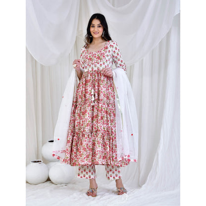 Bannhi by Priyanka Rathore White Mandira Cotton Anarkali With Pant And Dupatta (Set of 3)
