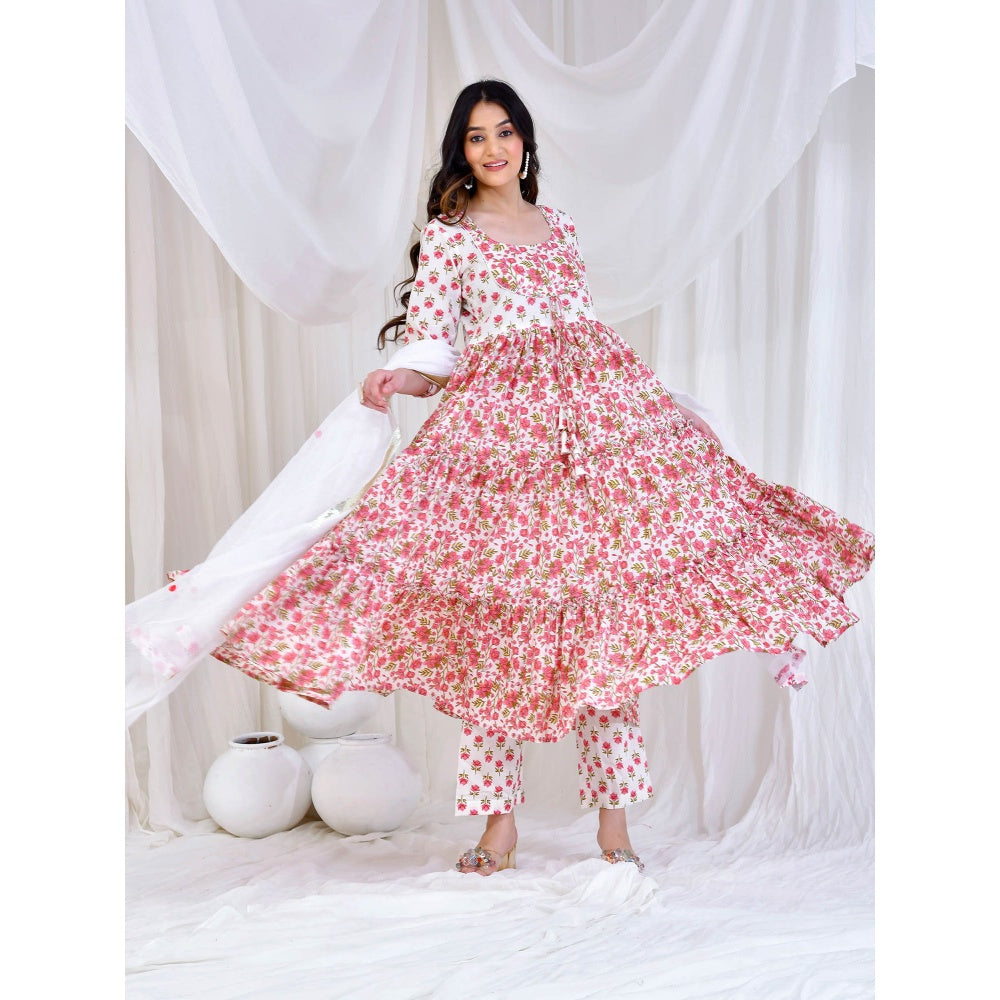 Bannhi by Priyanka Rathore White Mandira Cotton Anarkali With Pant And Dupatta (Set of 3)