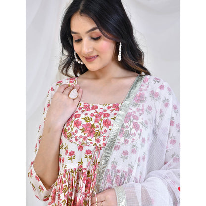 Bannhi by Priyanka Rathore White Mandira Cotton Anarkali With Pant And Dupatta (Set of 3)
