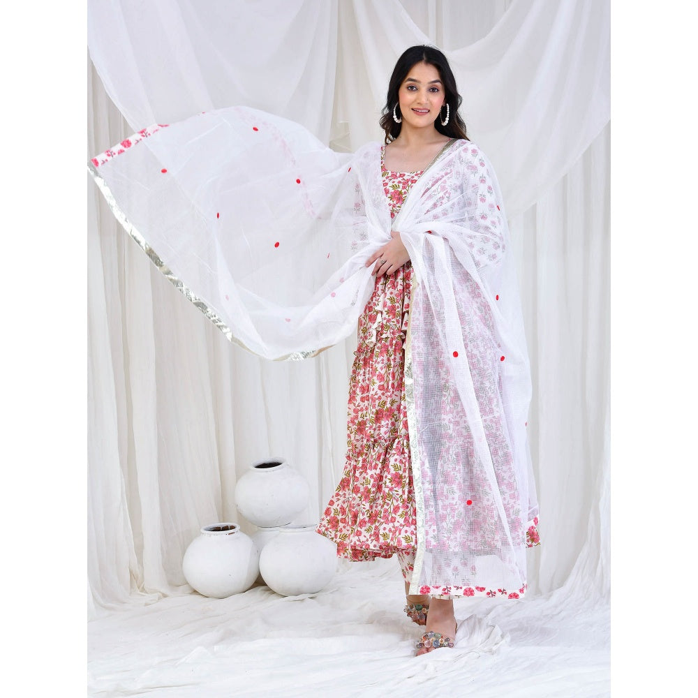 Bannhi by Priyanka Rathore White Mandira Cotton Anarkali With Pant And Dupatta (Set of 3)