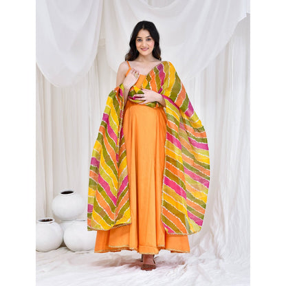 Bannhi by Priyanka Rathore Orange Lehariya Floor Length Anarkali With Dupatta (Set of 2)
