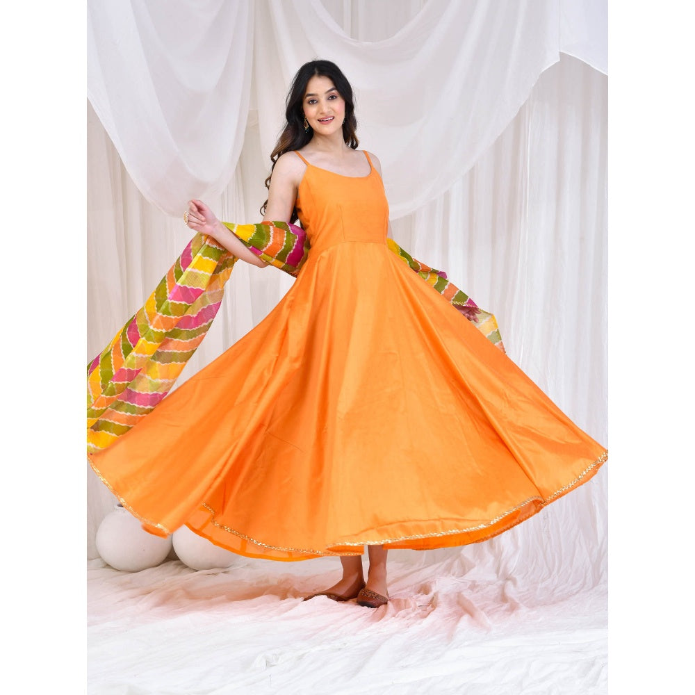 Bannhi by Priyanka Rathore Orange Lehariya Floor Length Anarkali With Dupatta (Set of 2)
