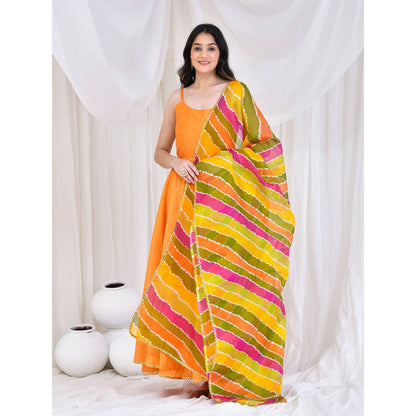 Bannhi by Priyanka Rathore Orange Lehariya Floor Length Anarkali With Dupatta (Set of 2)