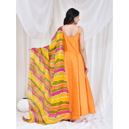 Bannhi by Priyanka Rathore Orange Lehariya Floor Length Anarkali With Dupatta (Set of 2)