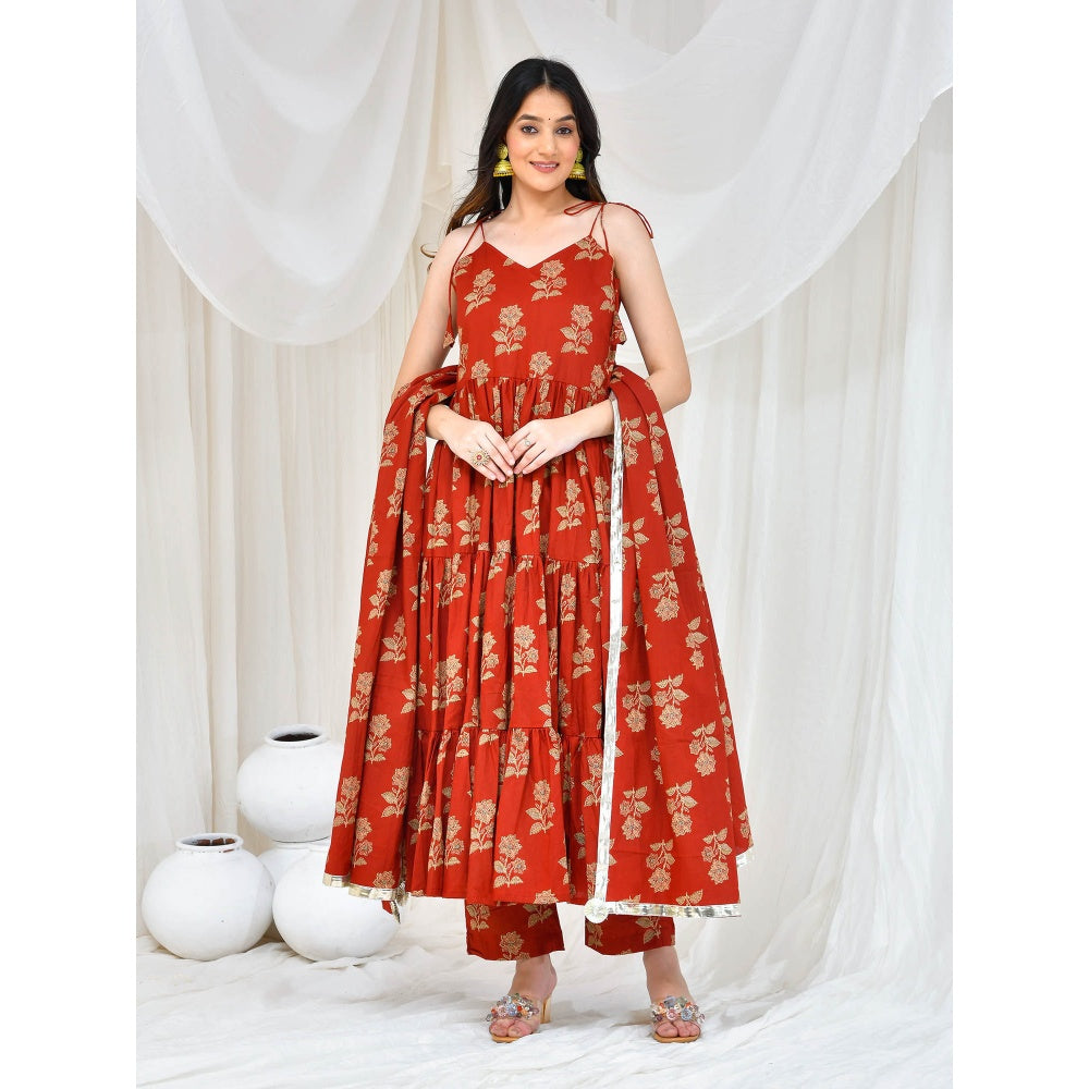 Bannhi by Priyanka Rathore Maroon Akshara Cotton Anarkali With Pant And Dupatta (Set of 3)