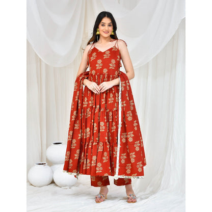 Bannhi by Priyanka Rathore Maroon Akshara Cotton Anarkali With Pant And Dupatta (Set of 3)