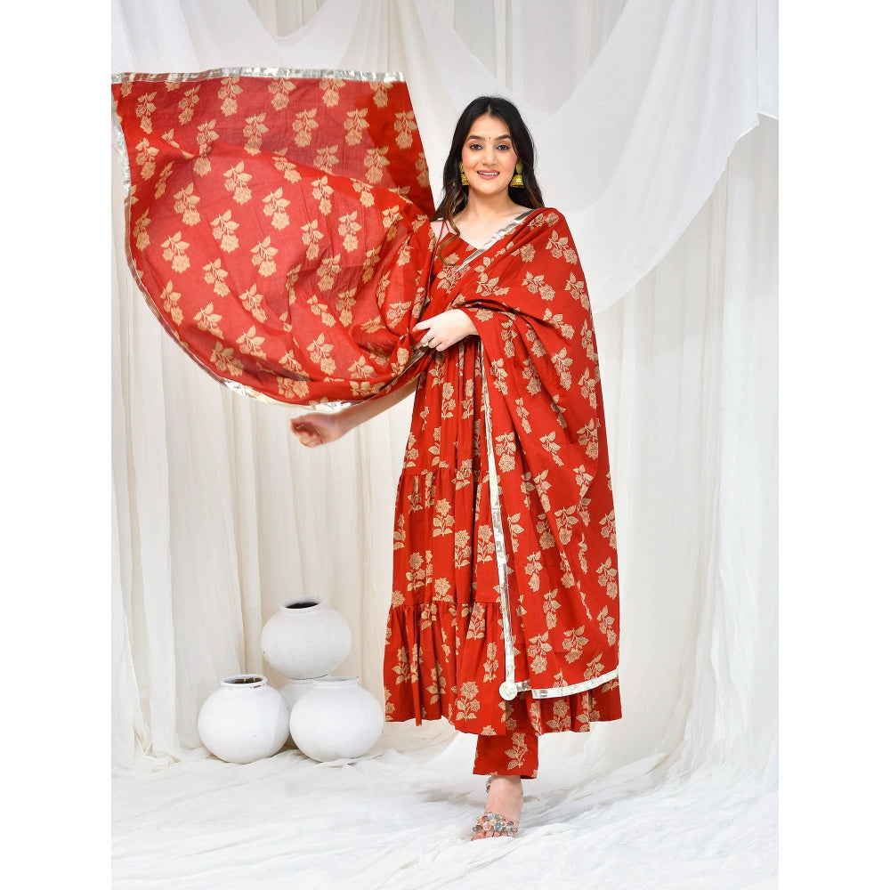 Bannhi by Priyanka Rathore Maroon Akshara Cotton Anarkali With Pant And Dupatta (Set of 3)