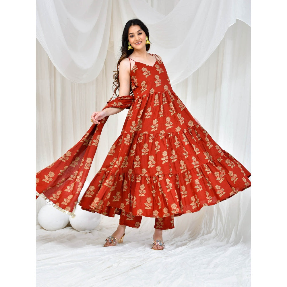 Bannhi by Priyanka Rathore Maroon Akshara Cotton Anarkali With Pant And Dupatta (Set of 3)