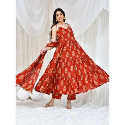 Bannhi by Priyanka Rathore Maroon Akshara Cotton Anarkali With Pant And Dupatta (Set of 3)