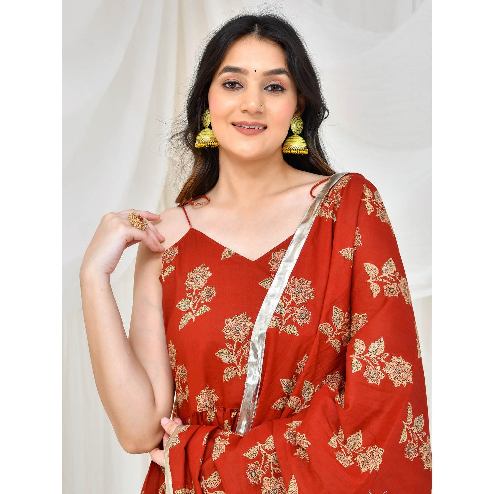 Bannhi by Priyanka Rathore Maroon Akshara Cotton Anarkali With Pant And Dupatta (Set of 3)