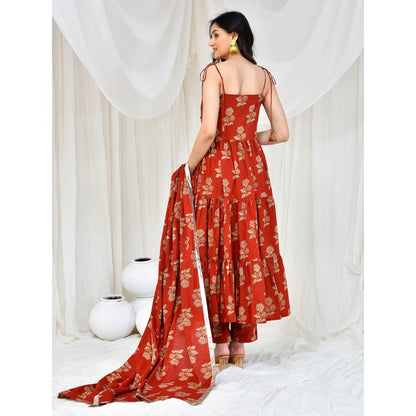 Bannhi by Priyanka Rathore Maroon Akshara Cotton Anarkali With Pant And Dupatta (Set of 3)