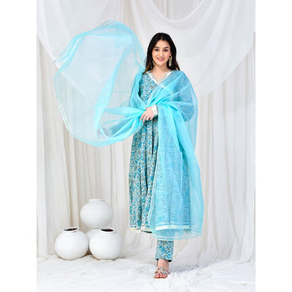Bannhi by Priyanka Rathore Blue Cotton Anarkali With Pant And Dupatta (Set of 3)