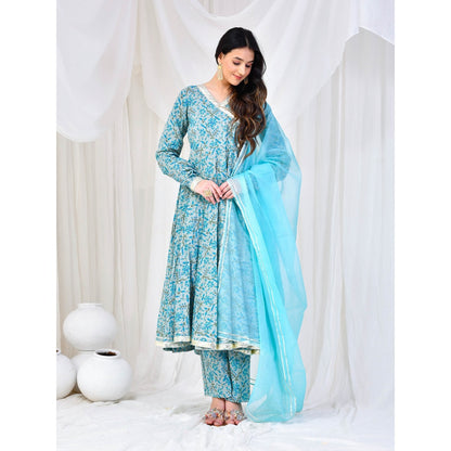 Bannhi by Priyanka Rathore Blue Cotton Anarkali With Pant And Dupatta (Set of 3)